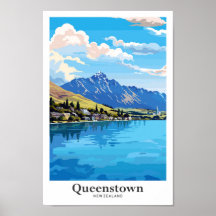 Queenstown New Zealand Vintage Travel Illustration