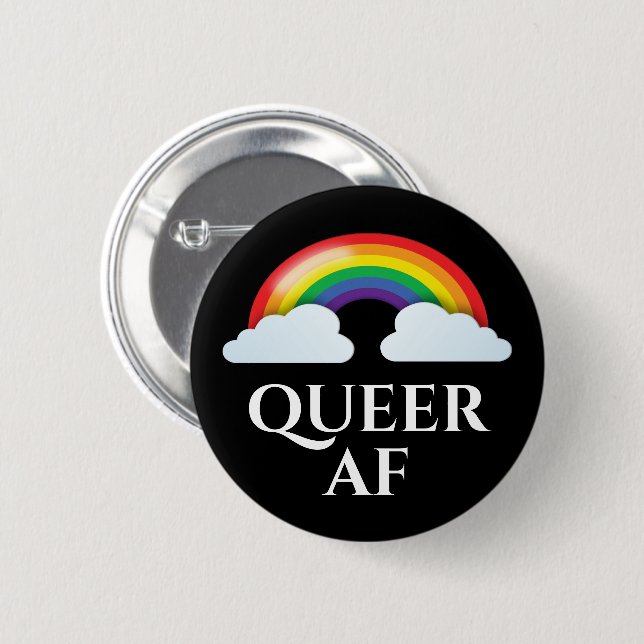'Queer AF' Regenbogen und Wolken Button (Vorne & Hinten)