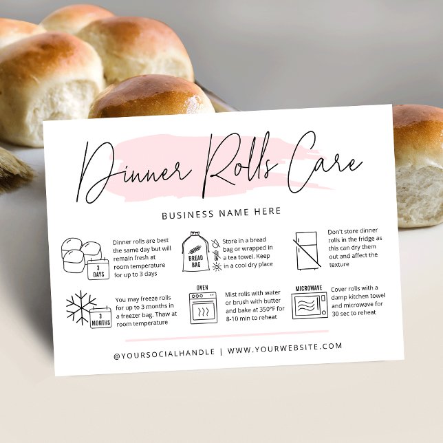 Quellengedeckte Rollenkarte Kinderkarte Rosa Wasse Visitenkarte (Trendy sourdough dinner rolls care cards with icons, modern pink watercolor design and your logo)