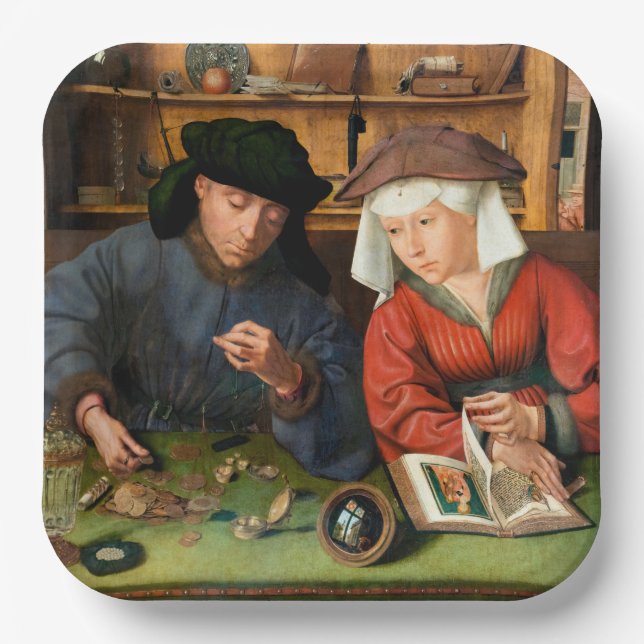 Quentin Matsys - Der Moneylender und seine Ehefrau Pappteller (Vorderseite)