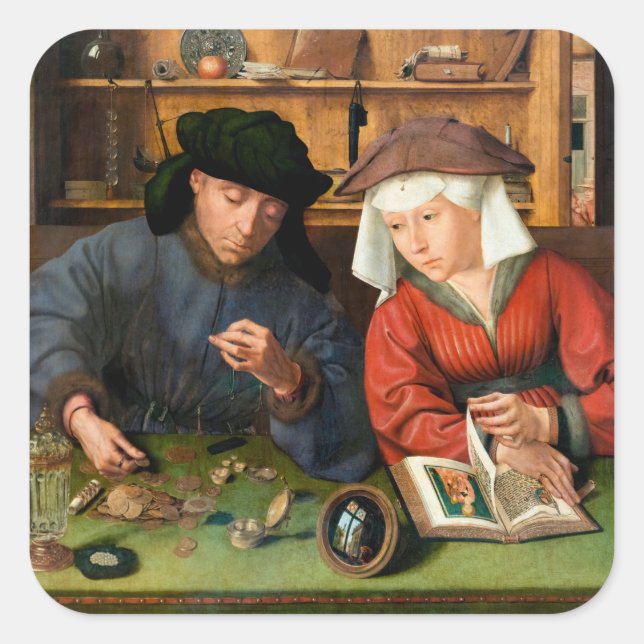 Quentin Matsys - Der Moneylender und seine Ehefrau Quadratischer Aufkleber (Vorderseite)