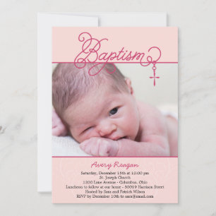 Quere hängende Foto-Taufe-Einladung - Rosa Einladung