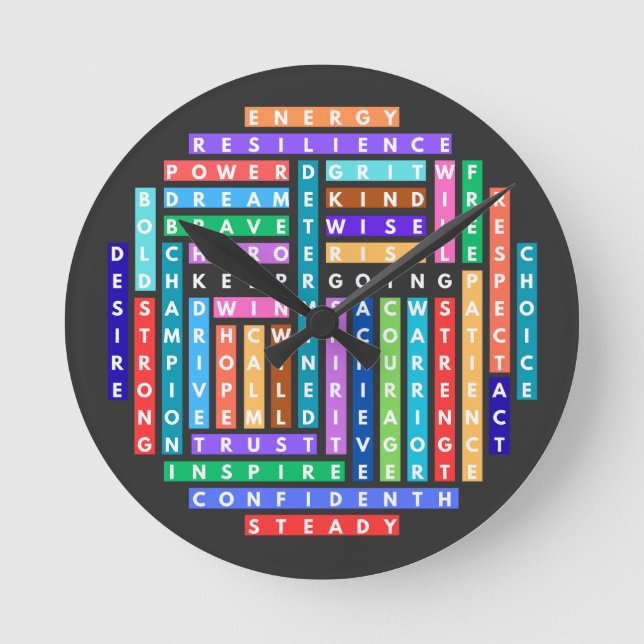Questzirkel für Motivierend Word-Suche behalten Runde Wanduhr (Vorderseite)