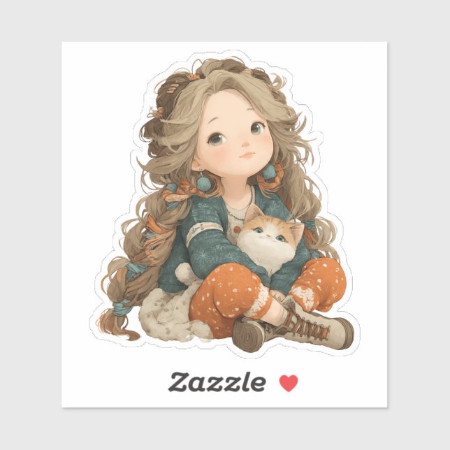 Quiet Moment Girl & Cat – Premium Art Sticker (Blatt)
