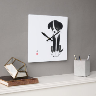 Quiet Paws - Minimalistische Tinten-Hundewelpe Quadratische Wanduhr