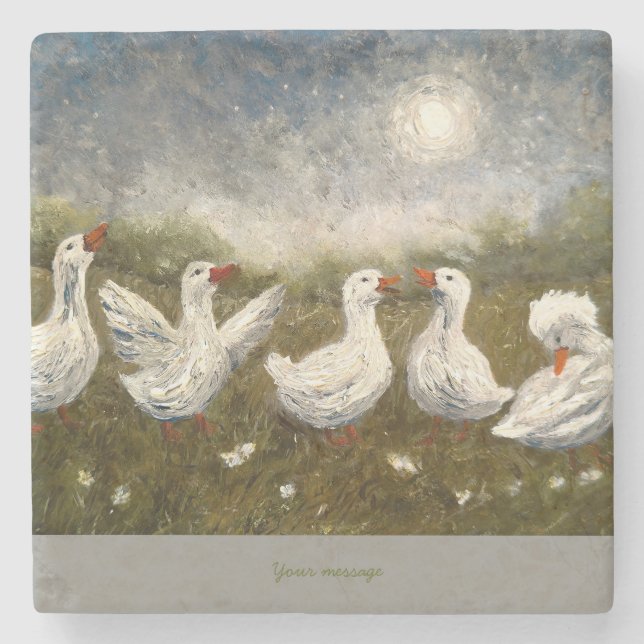 Quiet Quack: White Duck Starry Night Goose Steinuntersetzer (Vorderseite)