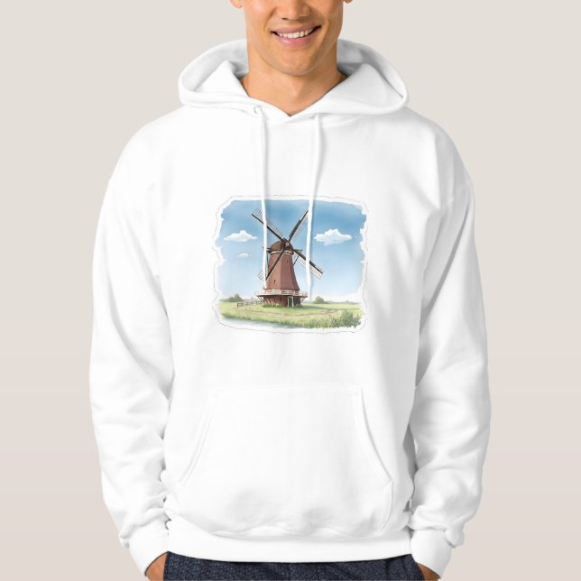 Quiet Windmill in the Fields – Soft Watercolor Lan Hoodie (Vorderseite)