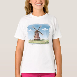 Quiet Windmill in the Fields – Soft Watercolor Lan T-Shirt