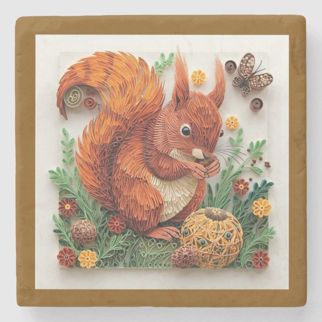 Quilling Effect Red Squirrel in Autumn Steinuntersetzer (Vorderseite)