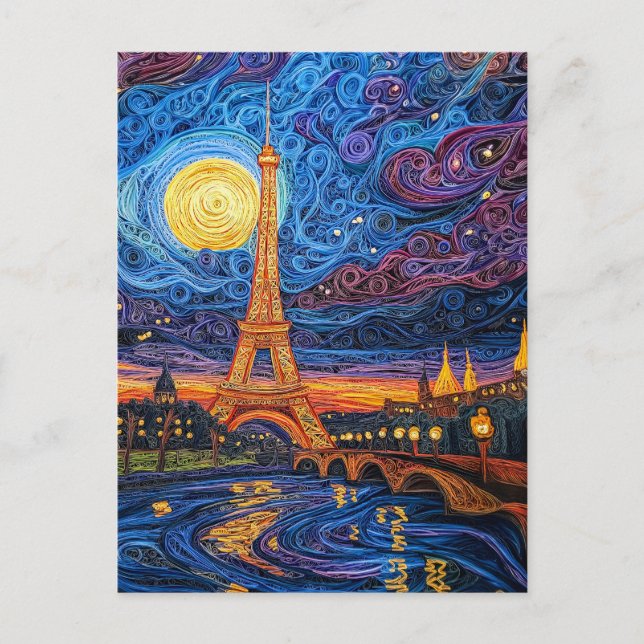 Quilling Moonlit Eiffel Tower in Paris Postkarte (Vorderseite)