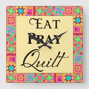 Quilt Blocks Border Art Eat Pray Quilt Gelb Quadratische Wanduhr