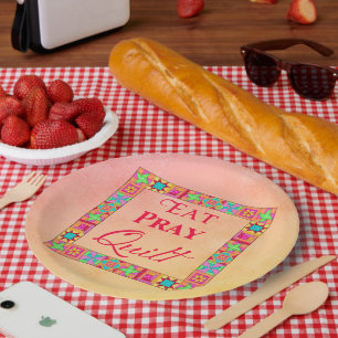 Quilt Blocks Border Eat Pray Quilt Coral Gelb Pappteller