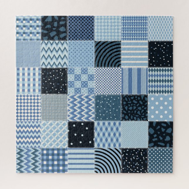 Quilt-Design, geometrisches Patchwork, Blautöne. Puzzle (Vertikal)