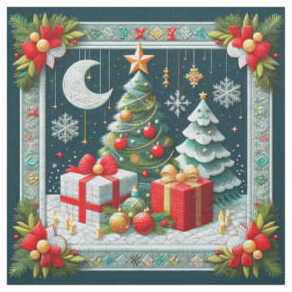 Quilt Look Christmas Scene Moon and Trees Stoff