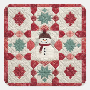 Quilt Muster Snowman Red White Green Quadratischer Aufkleber