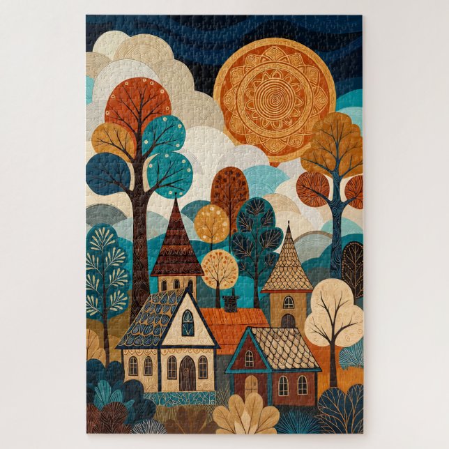 Quilted Folk Art Village - Patchwork-Sonne & Bäume Puzzle (Vertikal)