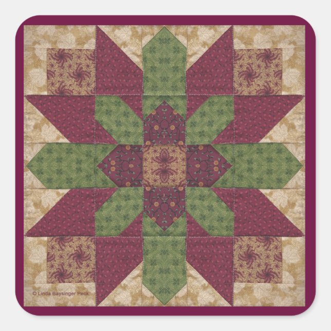 Quilted Green Burgund Star Quadratischer Aufkleber (Vorderseite)