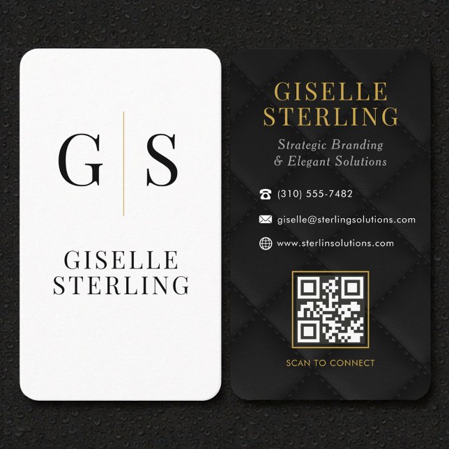 Quilted Luxury Black White Gold Monogram QR Code Visitenkarte (Von Creator hochgeladen)