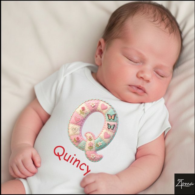 Quilted Patchwork Initial Letter Q Nursery Baby Strampler (This is a sample design. There are several models to choose from, with the name and color changed.)