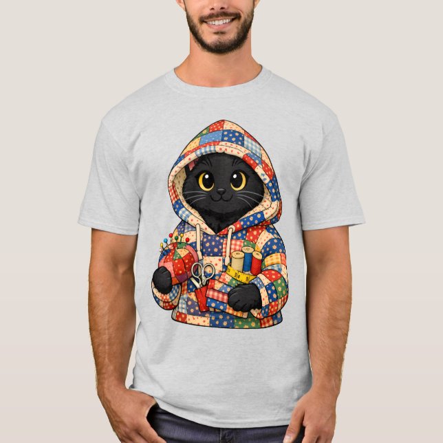 Quiltendes schwarzes Katze T-Shirt  (Vorderseite)