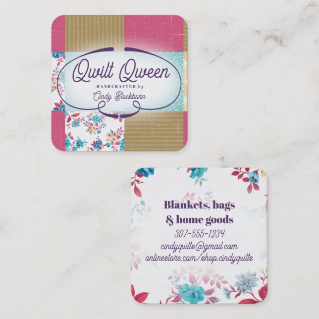 Quilter Steppblock Gewebe aus Quilt Blumengeflecht Quadratische Visitenkarte (Vorne/Hinten)