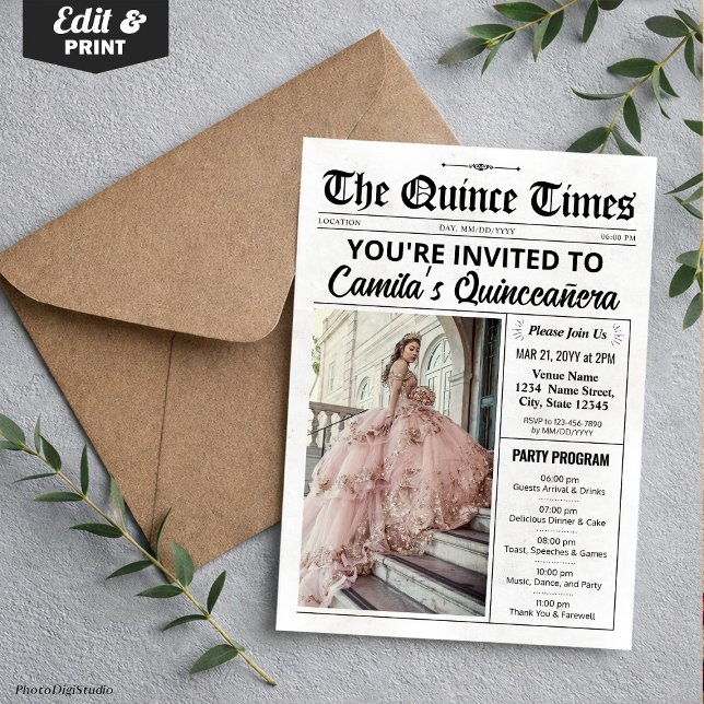 Quince-Einladung, Zeitung mit Programm, Quinceañer Einladung (Quince Invite, Newspaper with Program, Quinceañera Invitation)