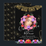 Quince Glitzer Imitate Floral Butterfliegen Mexika Einladung<br><div class="desc">Quince 16 . Geburtstag mexikanisches Papel Picado mit farbenfrohen Florals. Eigenes Foto hinzufügen</div>