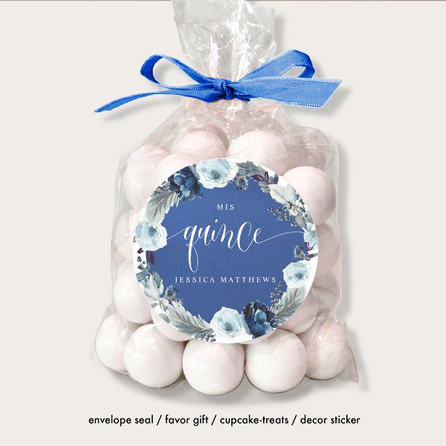 Quince, Spanisch, Royal/Navy Blauer Blumenreath Runder Aufkleber (Von Creator hochgeladen)