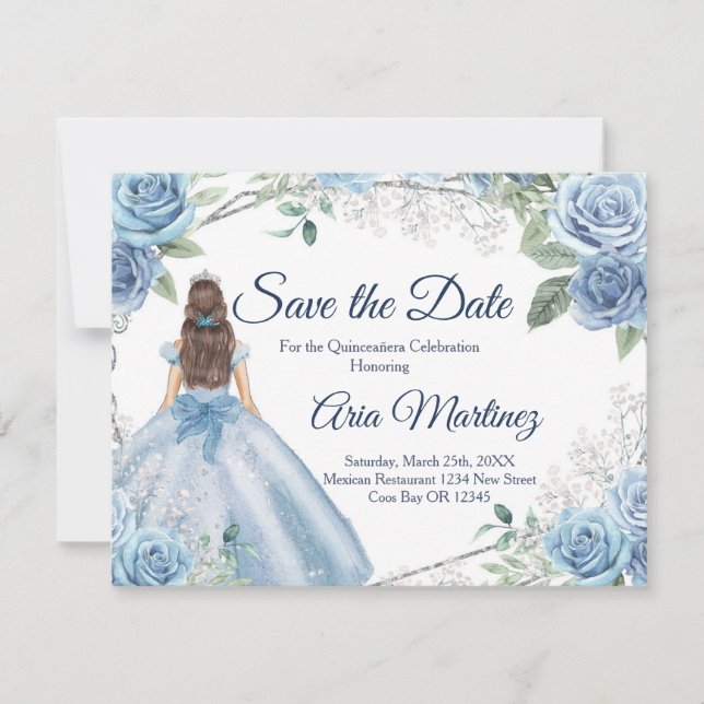 Quinceañera 15 Anos Dusty Blue Save the Date Dankeskarte (Vorderseite)
