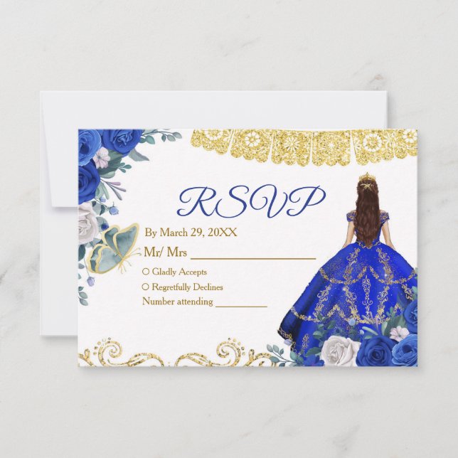 Quinceañera 15 Anos Royal Blue RSVP Card Dankeskarte (Vorderseite)
