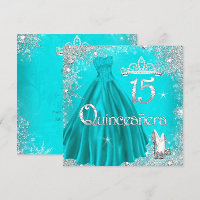 Quinceanera 15. Aqua Silver Schneeflocken Party 2 Einladung (Vorne/Hinten)