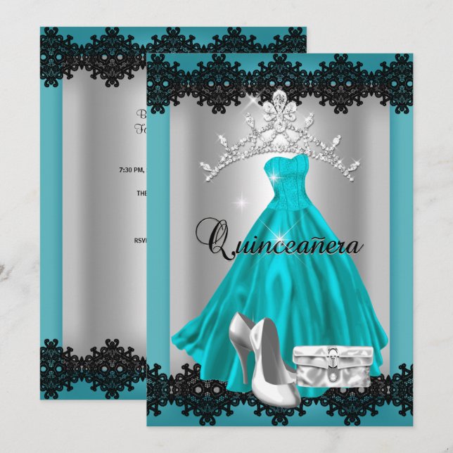 Quinceanera 15. Aquamarin Black Silver Diamond Tia Einladung (Vorne/Hinten)