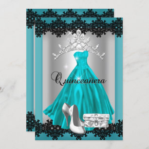Quinceanera 15. Aquamarin Black Silver Diamond Tia Einladung