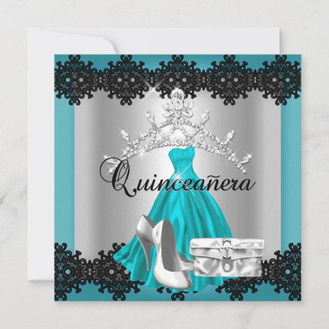 Quinceanera 15. Aquamarin Black Silver Diamond Tia Einladung (Vorderseite)
