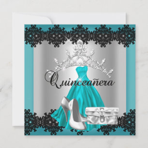 Quinceanera 15. Aquamarin Black Silver Diamond Tia Einladung