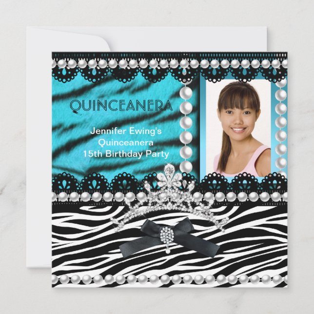 Quinceanera 15. Aquamarin Black Zebra Pearl Tiara Einladung (Vorderseite)