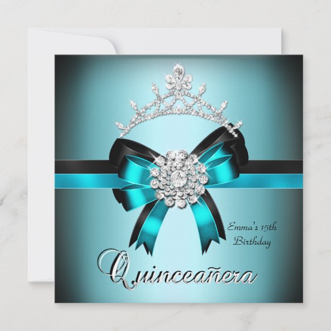 Quinceanera 15. Aquamarin Blue Black Silver Bow Einladung (Vorderseite)