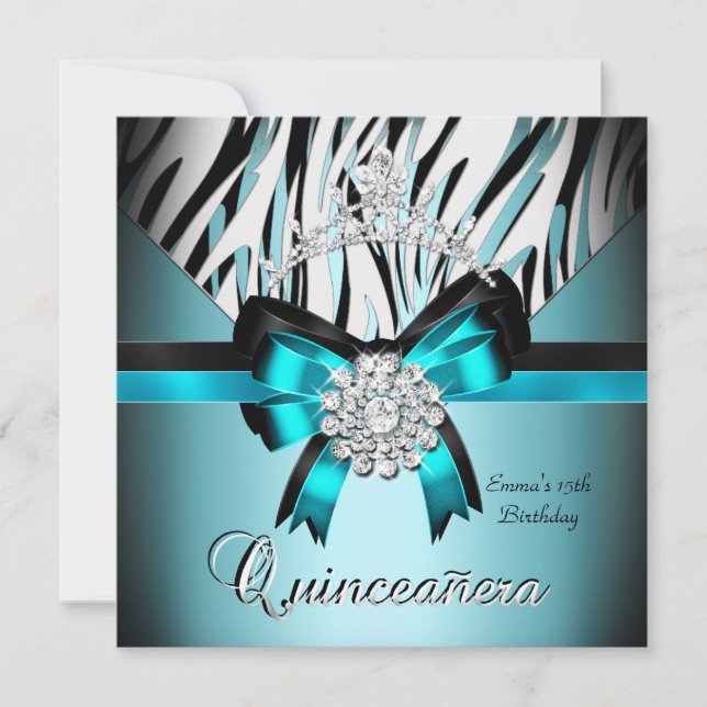 Quinceanera 15. Aquamarin Blue Black Zebra Silver  Einladung (Vorderseite)