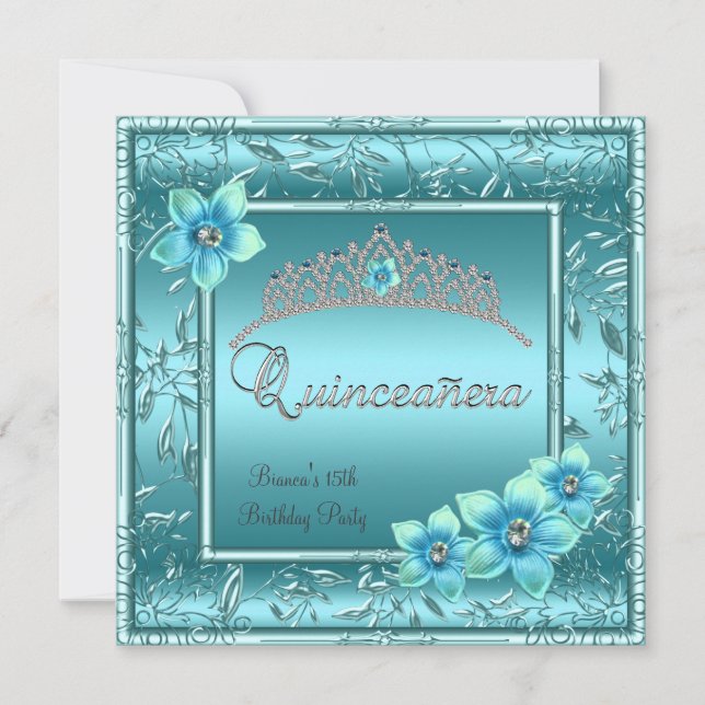 Quinceañera 15. Aquamarin Blue Blume Silver Tiara Einladung (Vorderseite)