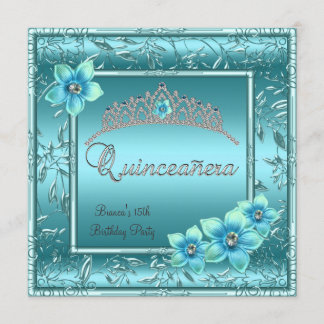Quinceañera 15. Aquamarin Blue Blume Silver Tiara Einladung