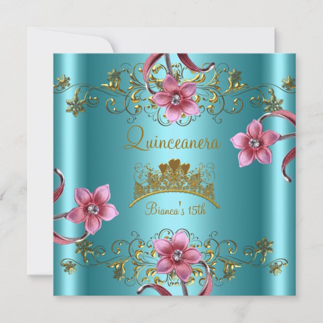 Quinceanera 15. Aquamarin Blue Pink Blume Gold Tia Einladung (Vorderseite)