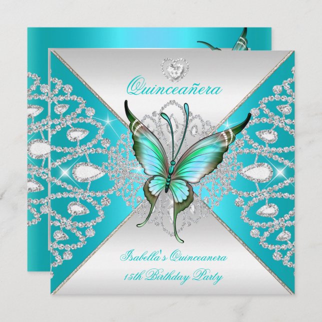 Quinceanera 15. Aquamarin Blue Silver Butterfly Ti Einladung (Vorne/Hinten)