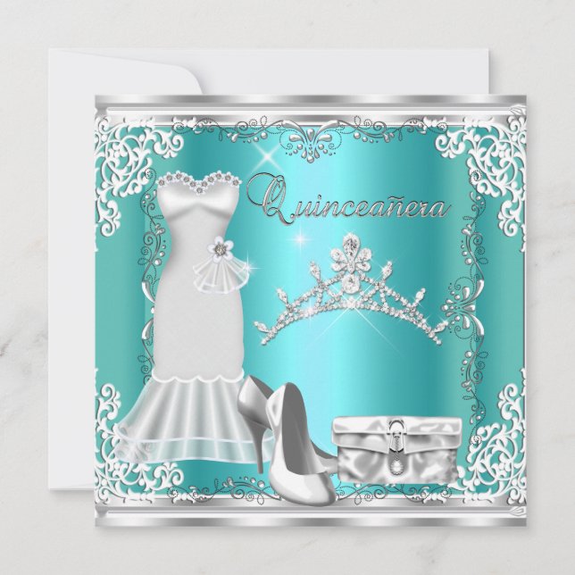 Quinceanera 15. Aquamarin Blue Silver Diamond Tiar Einladung (Vorderseite)