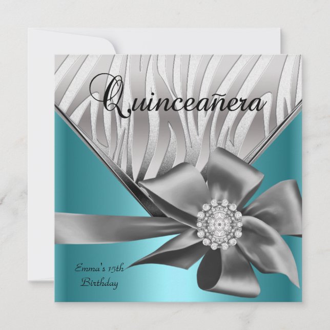 Quinceanera 15. Aquamarin Blue Silver Gray Bow Einladung (Vorderseite)