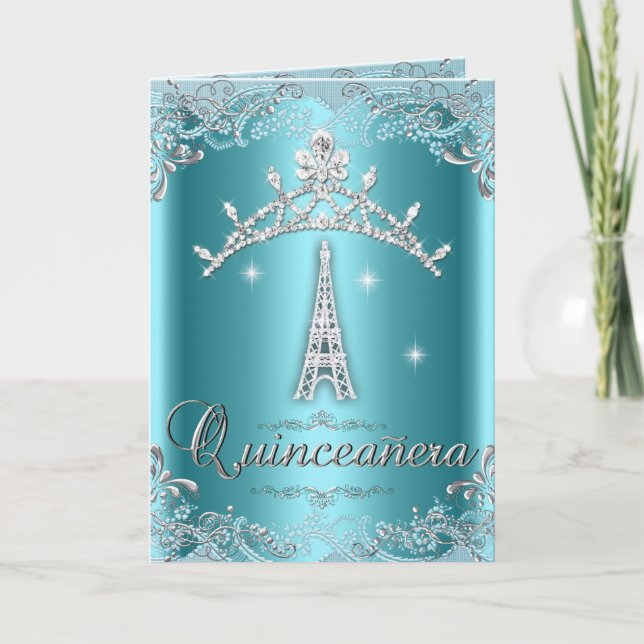 Quinceanera 15 Aquamarin Blue Silver Tiara Eiffel  Einladung (Vorderseite)