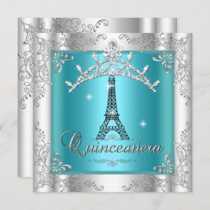 Quinceanera 15 Aquamarin Blue Silver Tiara Eiffel Einladung