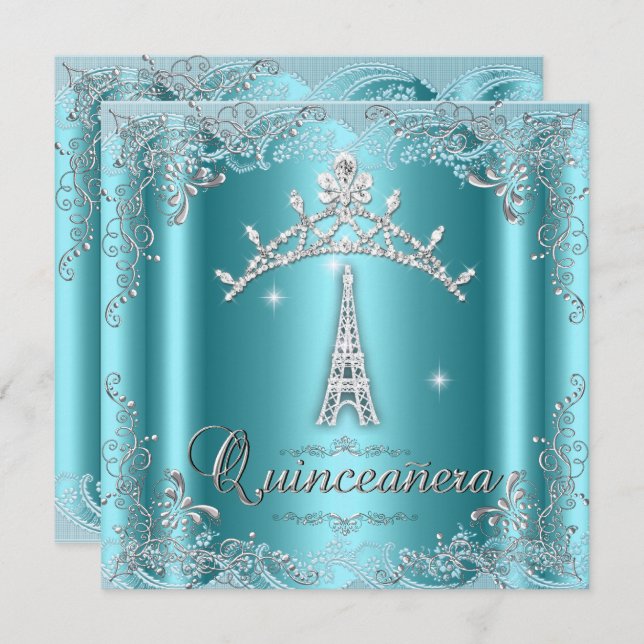 Quinceanera 15 Aquamarin Blue Silver Tiara Eiffel  Einladung (Vorne/Hinten)