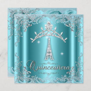 Quinceanera 15 Aquamarin Blue Silver Tiara Eiffel Einladung