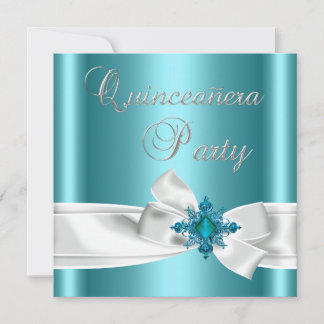 Quinceanera 15. Aquamarin Blue Silver White Bow Einladung