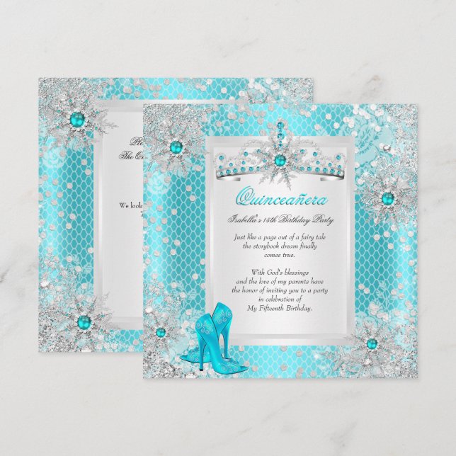 Quinceanera 15. Aquamarin Blue Winter Wonderland Einladung (Vorne/Hinten)